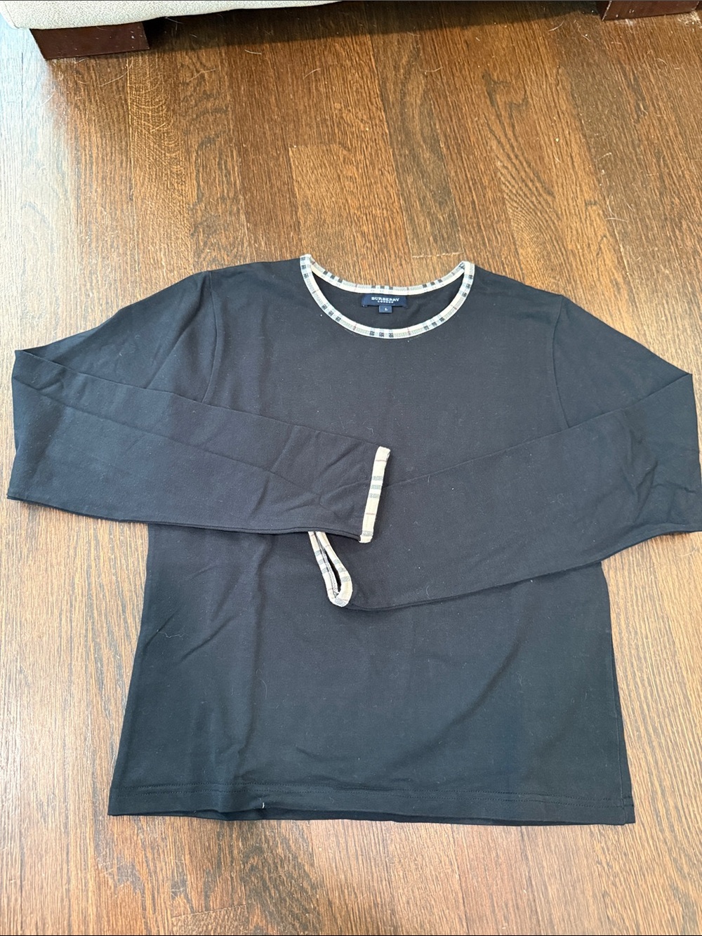 Burberry Black Long-Sleeve Crewneck with Check Trim